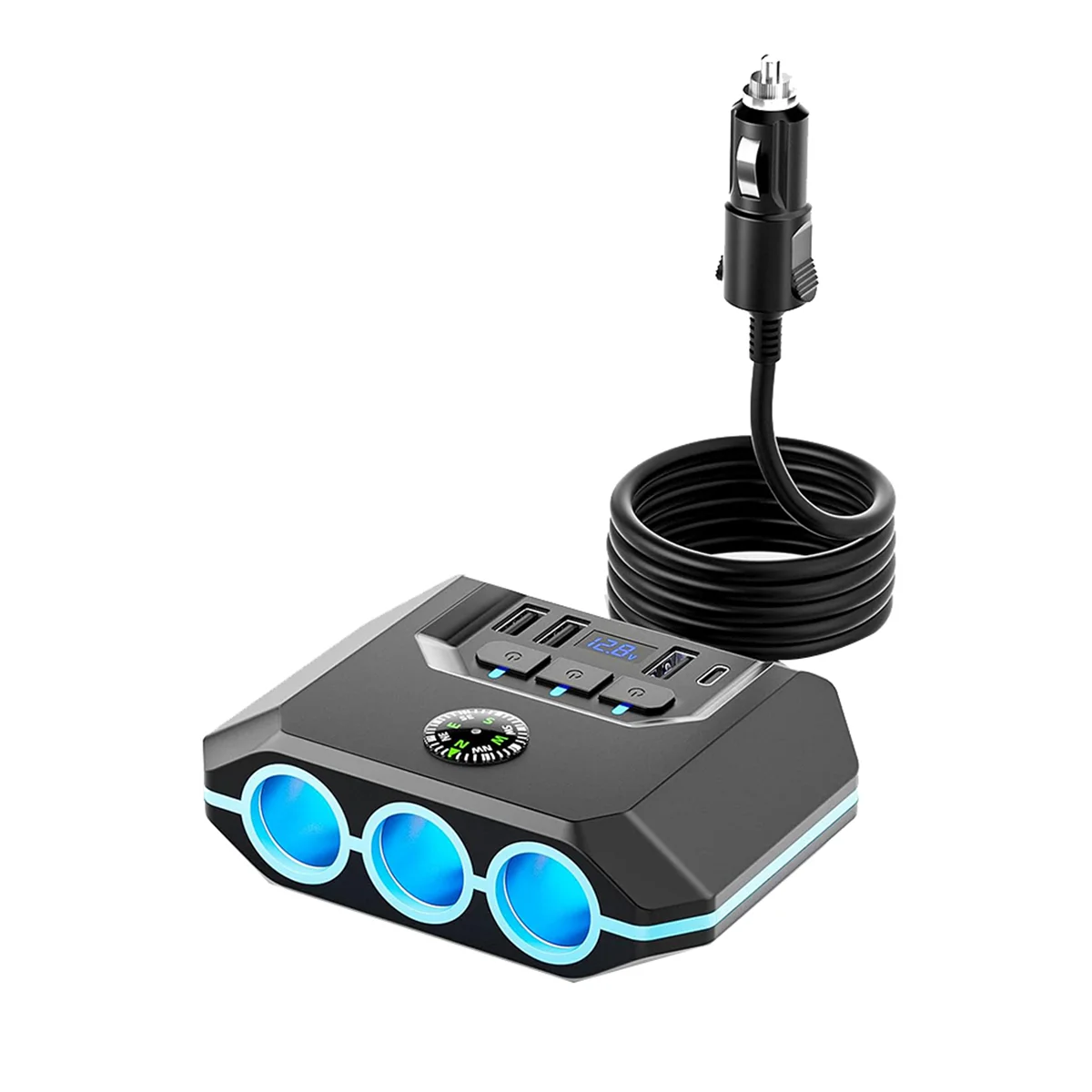 محول فاصل ولاعة سجائر ، شاحن سيارة 7 في 1 ، 4 منافذ USB مع مفتاح ، شاشة عرض جهد ليد لجميع أجهزة السيارة