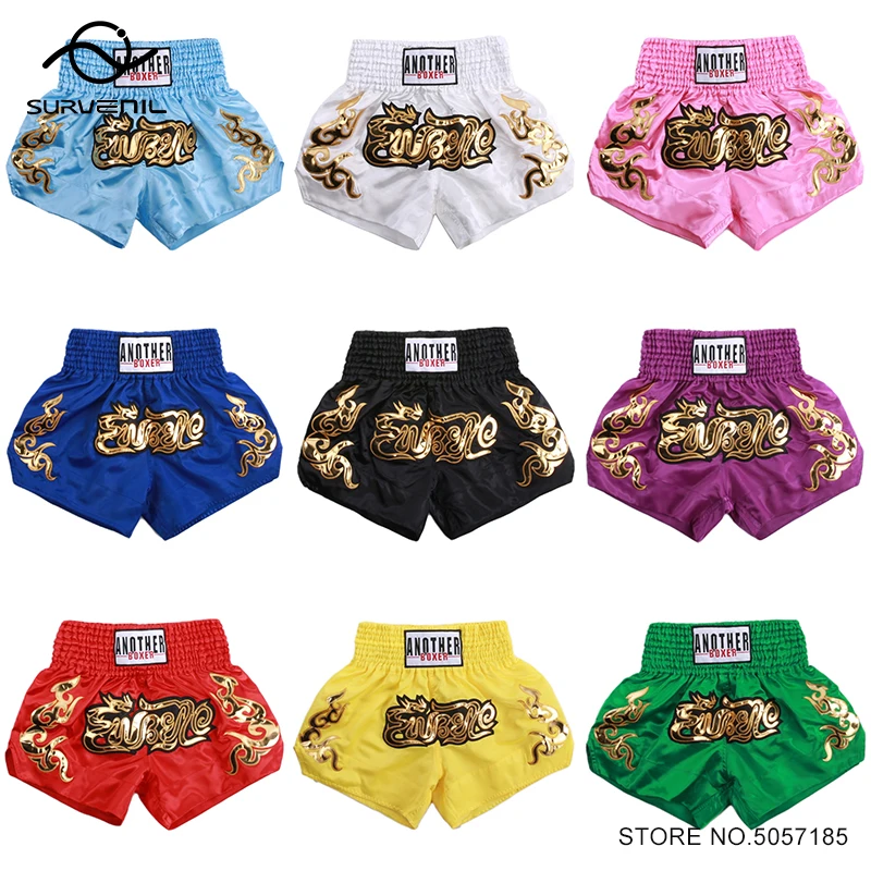 

Muay Thai Shorts Solid Boxing Shorts Men Women Child Gold Embroidery Martial Arts Sparring Grappling Cage Fight Kickboxing Pants