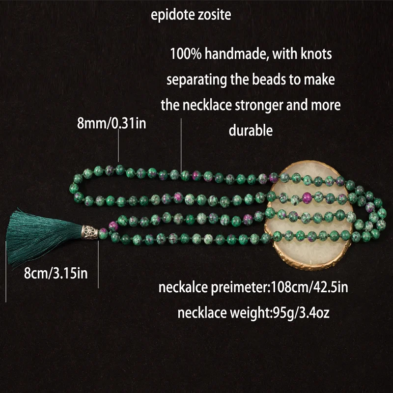 8 mm Epidot-Zoisit-Knoten, 108 Mala-Perlen-Halskette, Meditation, Gebetsschmuck, lange Halskette für Männer und Frauen – Detail 1