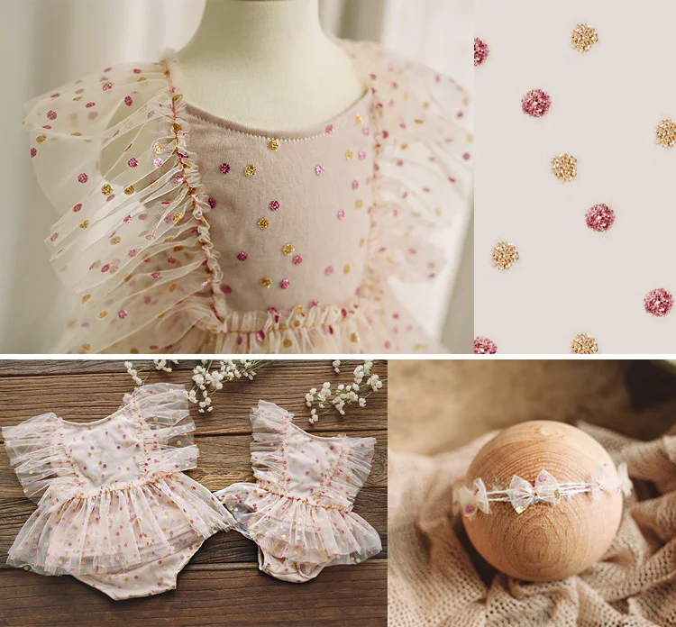 

Newborn Photography Clothing for Baby Girl Cute Dot Bodysuit Dress with Bow-knot Headband 2pcs for Studio Photoshoot Outfit