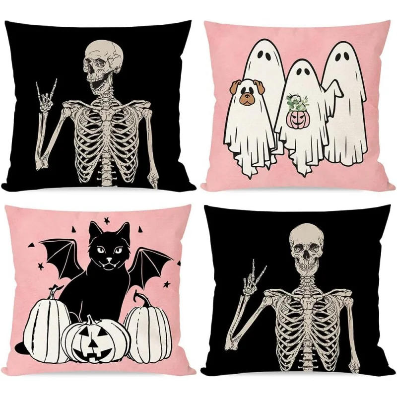 

Pink Halloween Pillowcase 18x18 inches 4 Ghosts Black Cat Skull Dog Pumpkin Hug Pillowcase