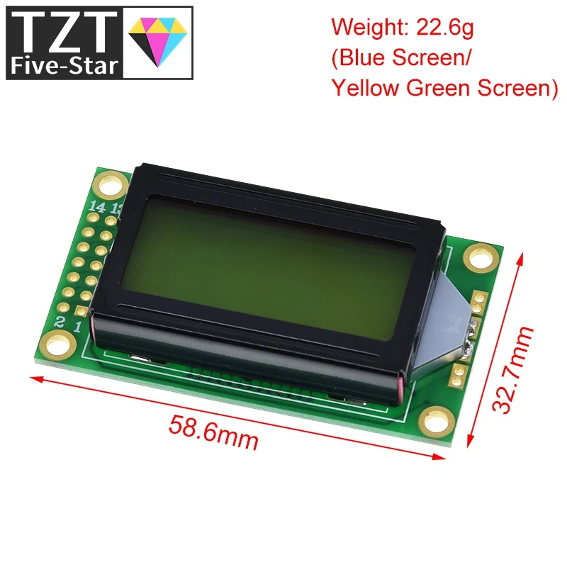 TZT 8 x 2 LCD Module 0802 Character Display Screen Blue / Yellow Green For Arduino