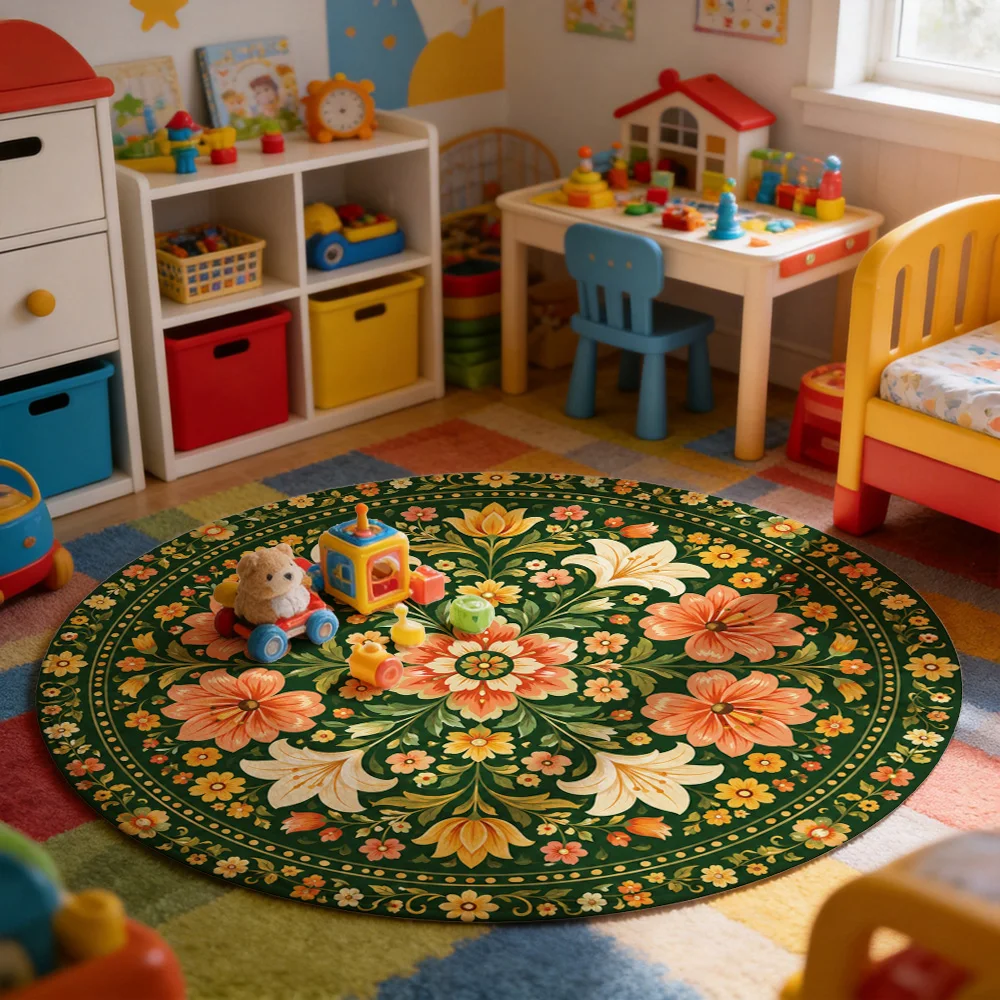 Large Round Floral Area Rug Green and Orange Pattern Living Room Hallway Mat Boho Style Home Decor