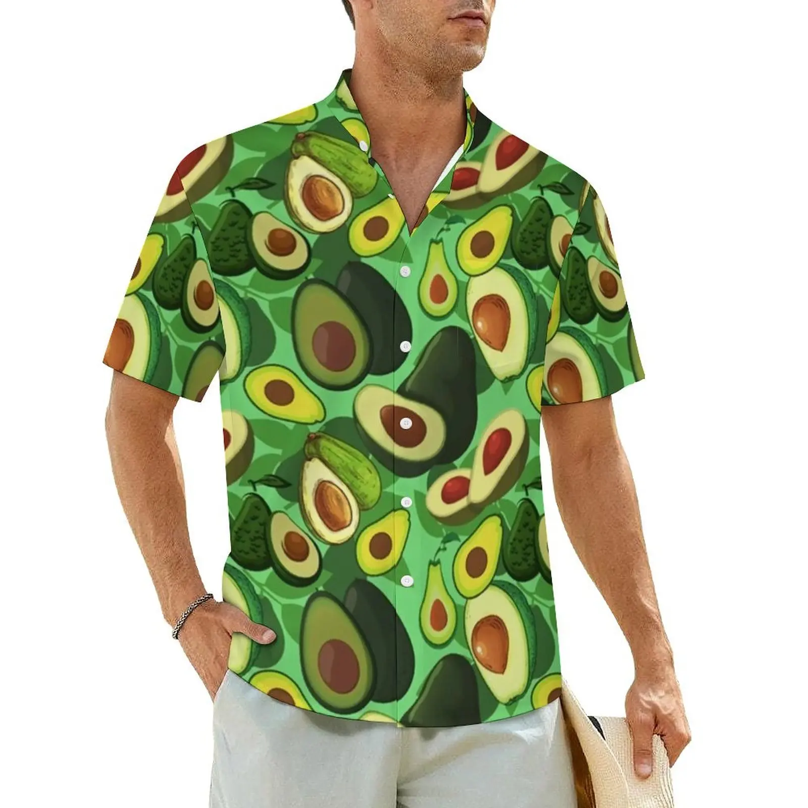 Green Avocado Casual Shirt Fruit Print Elegant Hawaiian Shirts Male Short Sleeve Vacation Streetwear Plus Size 4XL Blouses