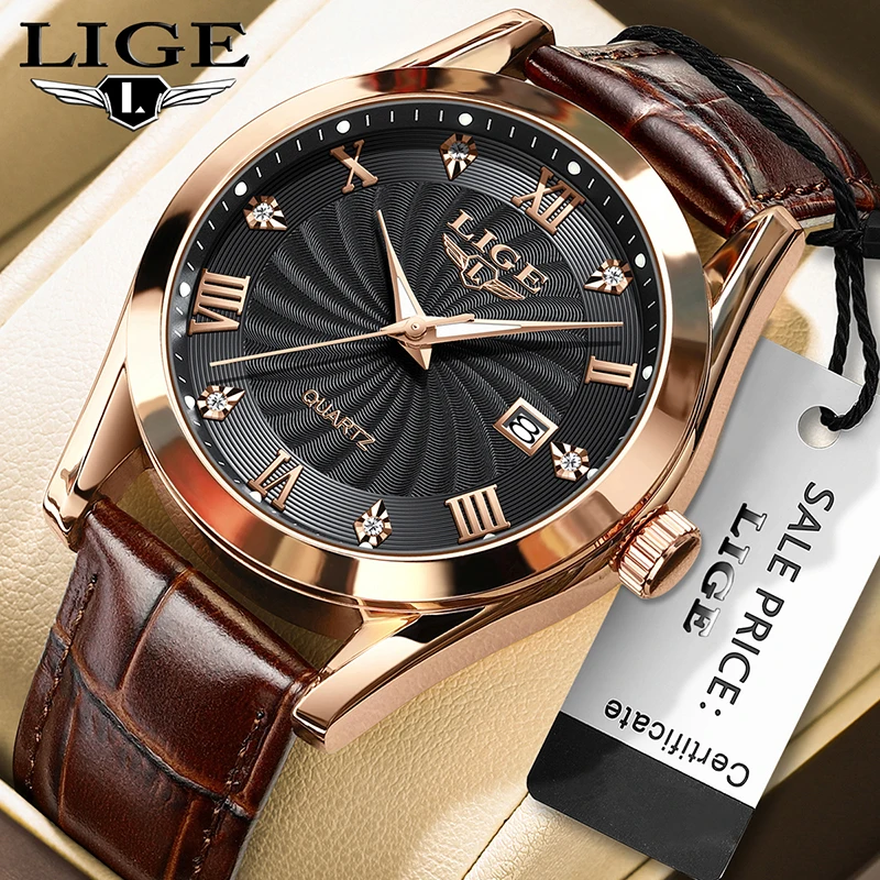 LIGE new brand men\'s watch classic original quartz watch waterproof leather strap calendar simple business fashion daily wear