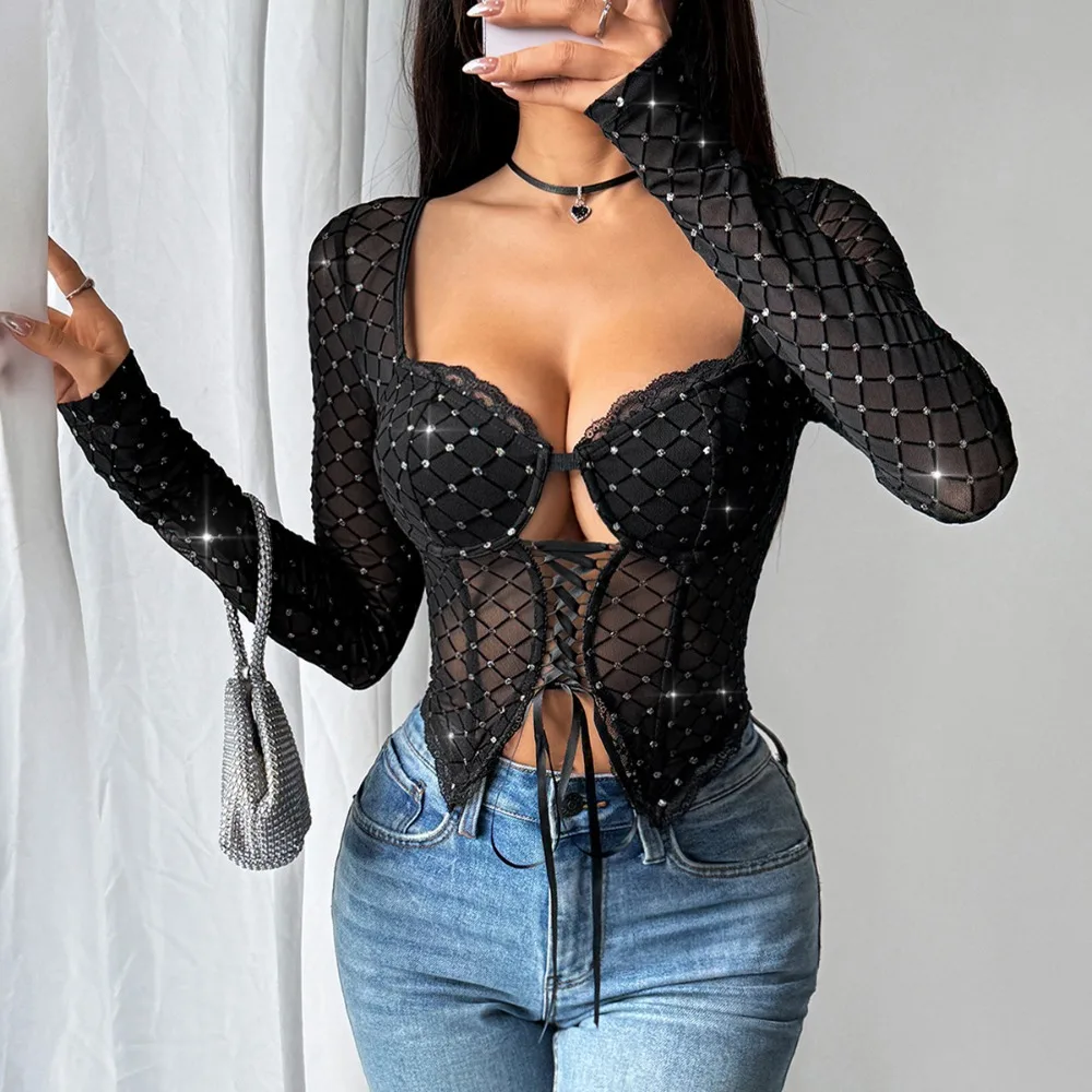 

Sexy Women's Sheer Mesh Plaid Rope Hollow Long Sleeve Black Vest