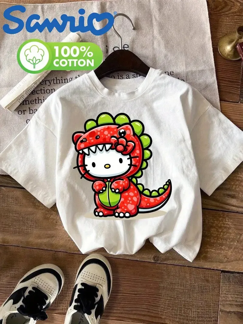 

Хлопковая футболка на тему динозавра «Hello Kitty», милый персонаж мультфильма в костюме динозавра, брендовая уличная футболка с принтом, Новое поступление, S-4XL