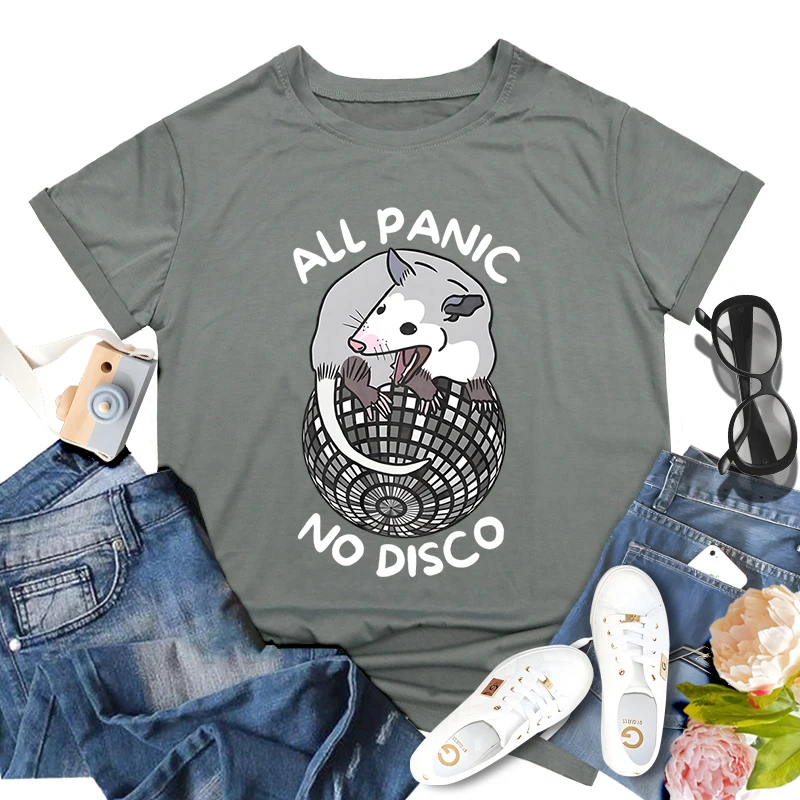 Opossum T Shirt for Women All Panic No Disco Print Graphic T-Shirt Crew Neck Short Sleeve Streetwear Tops Opossum Lover Tshirt