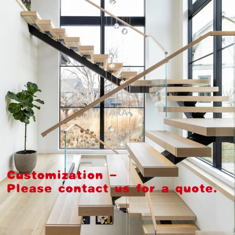 

Customize.Modern Wood Tread Single Stringer Staircase High Quality Indoor Glass Step Straight Stairs