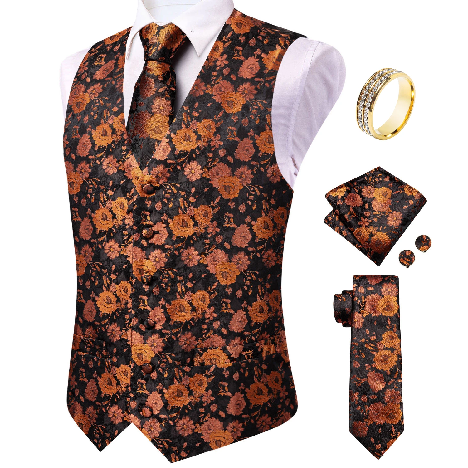 Black Brown Floral Mens Waistc - Pocket Square Set ulasan dan harga