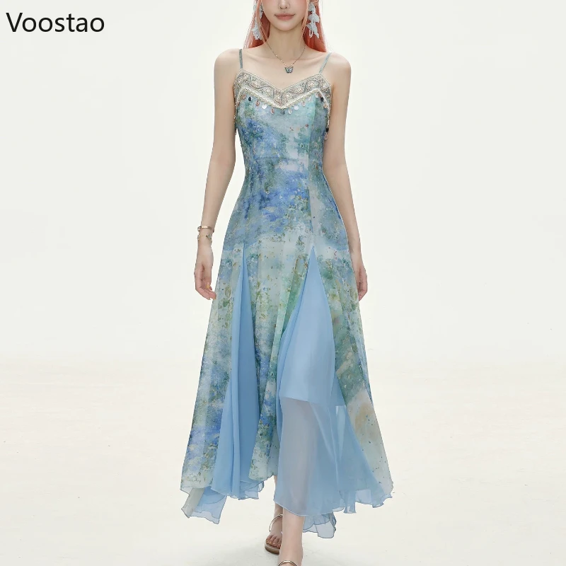 Summer French Seaside Holiday Party Dress Women Elegant Bule Print Sequins Fairy Long Dress Ladies Sweet Beach Boho A-Line Dress
