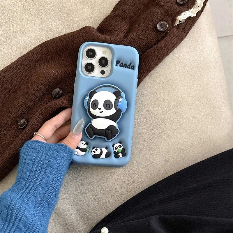 Coque de téléphone avec support télescopique en Silicone souple, casque de dessin animé Panda, étui de protection antichoc pour iPhone 15 14 16 13 12 Pro Max