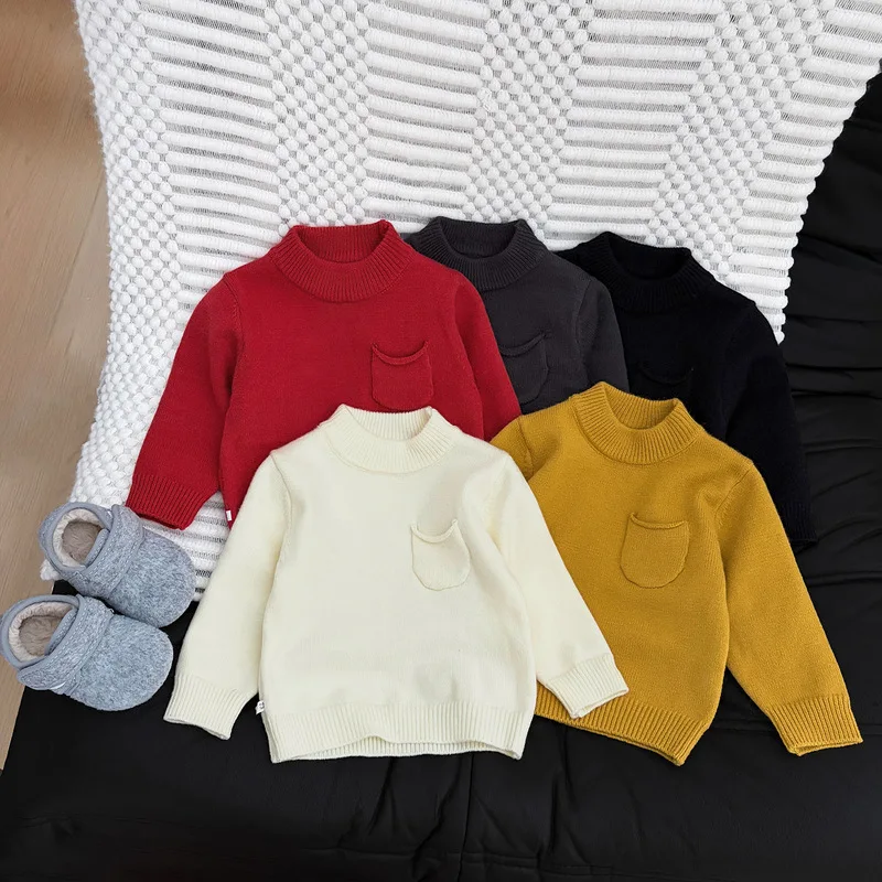 Basic Children's Semi High Neck Sweater for Autumn and Wintersolid Color Small Pocket Knitted Base Sweater for Boys and Girls