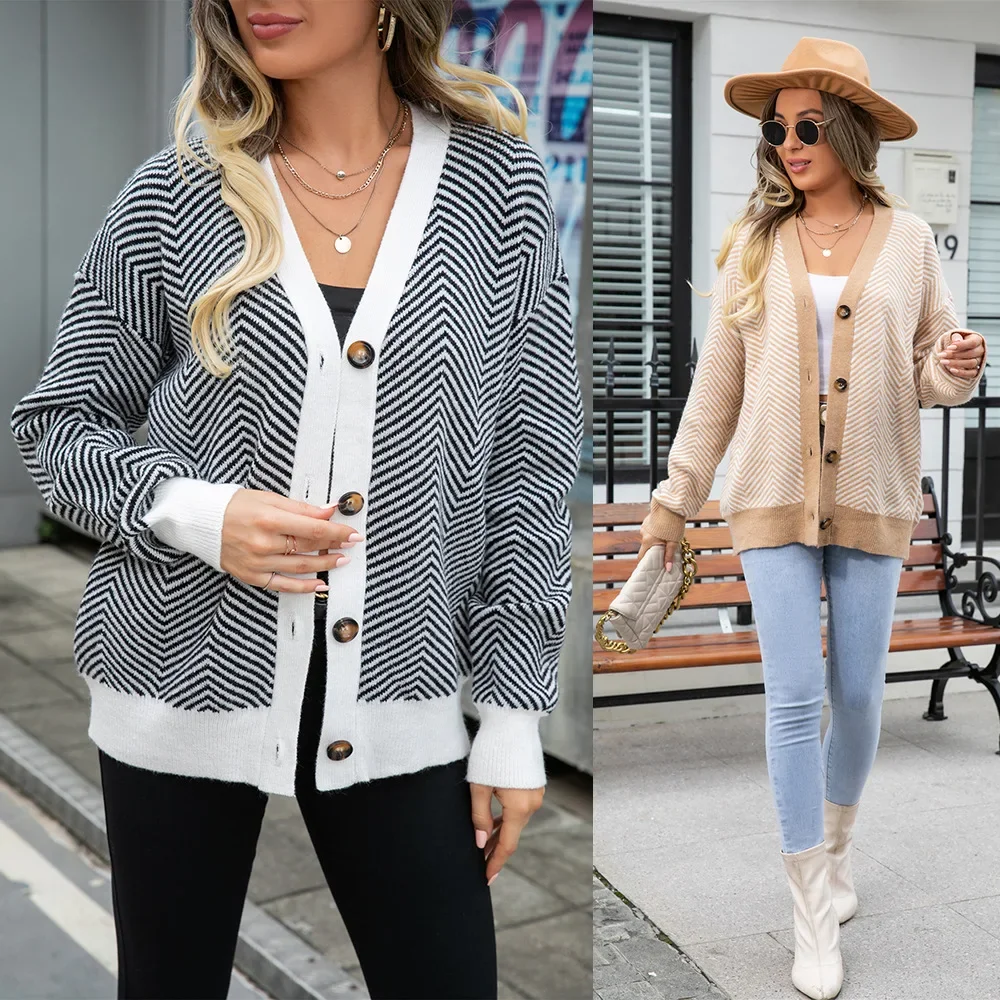 

Single Breasted Long Sleeve V Neck Cardigan Women Striped Button Sweaters Loose Fit Jumpers Spliced Slight Strech Casual