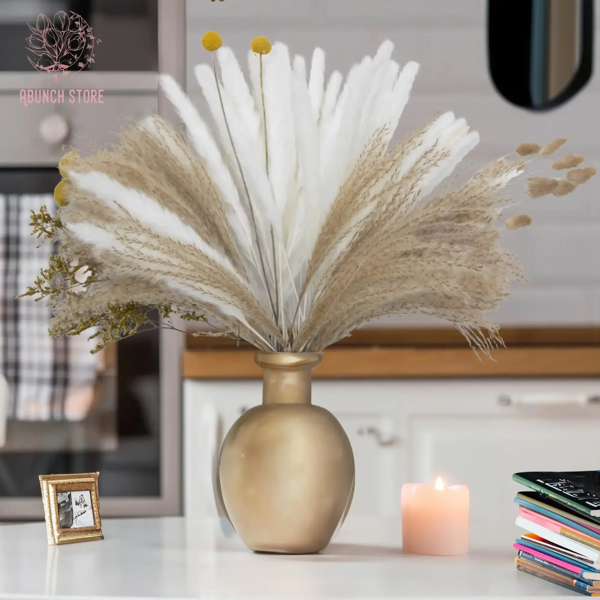 90pcs Dried Flowers Bouquets Pampas Grass Reed Golden Ball Yellow Nordic Modern Home Living Room Table Vase Decor Arrangements