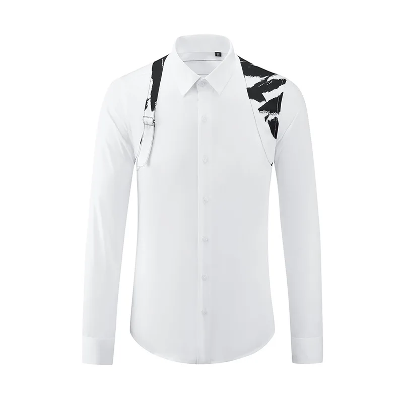 Luxo fivela de metal alça de ombro masculina camisa de mangas compridas magro casual negócios formal vestido camisas sexy roupas de festa social