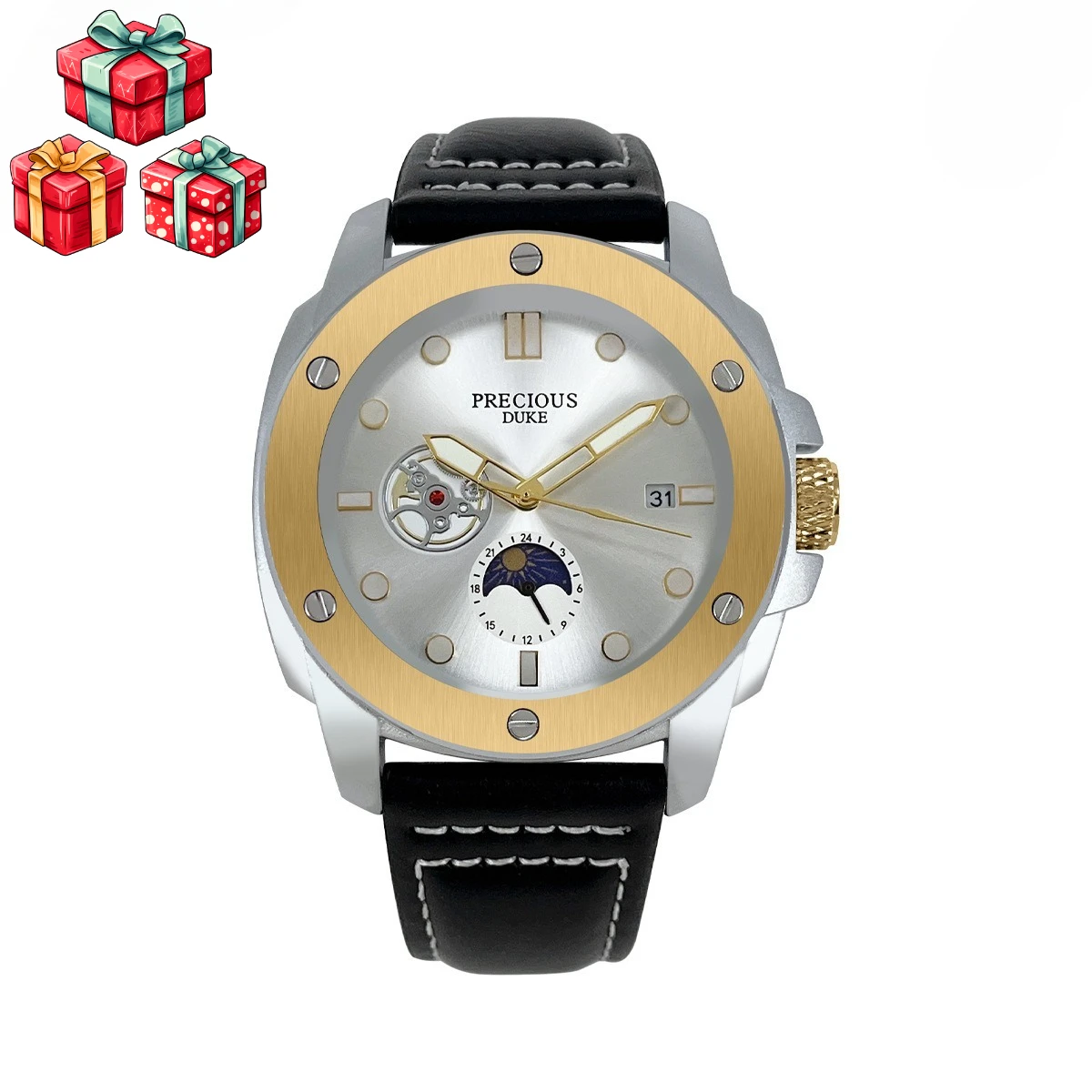 

Mens Moon Phase Watch Quartz Movement Leather Band Stylish Casual Timepiece