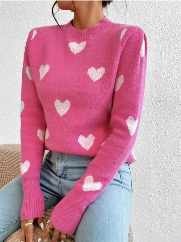

Fall Winter 2023 Sweater Women Slim Loving Heart O-neck Long Sleeve Pullover Tops Jumper Multi Colors 38919