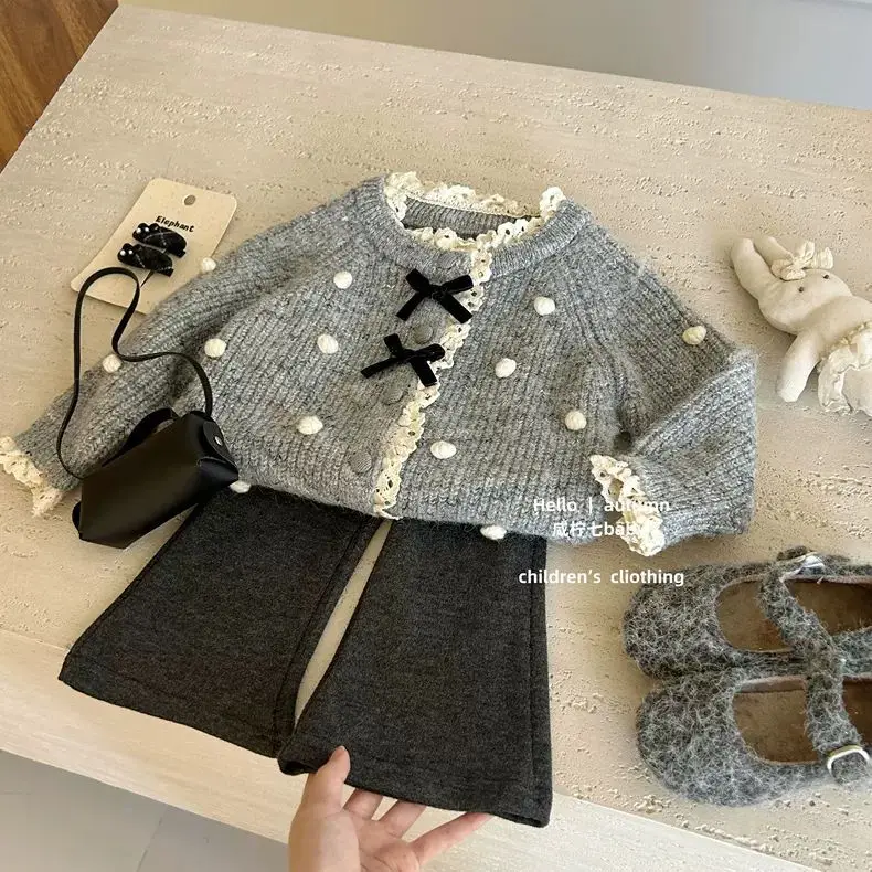 

Korean Children's Clothing Girls' Autumn Set 2025 New Style Little Girl Korean Retro Lace Cardigan Sweater Flared Pants Set
