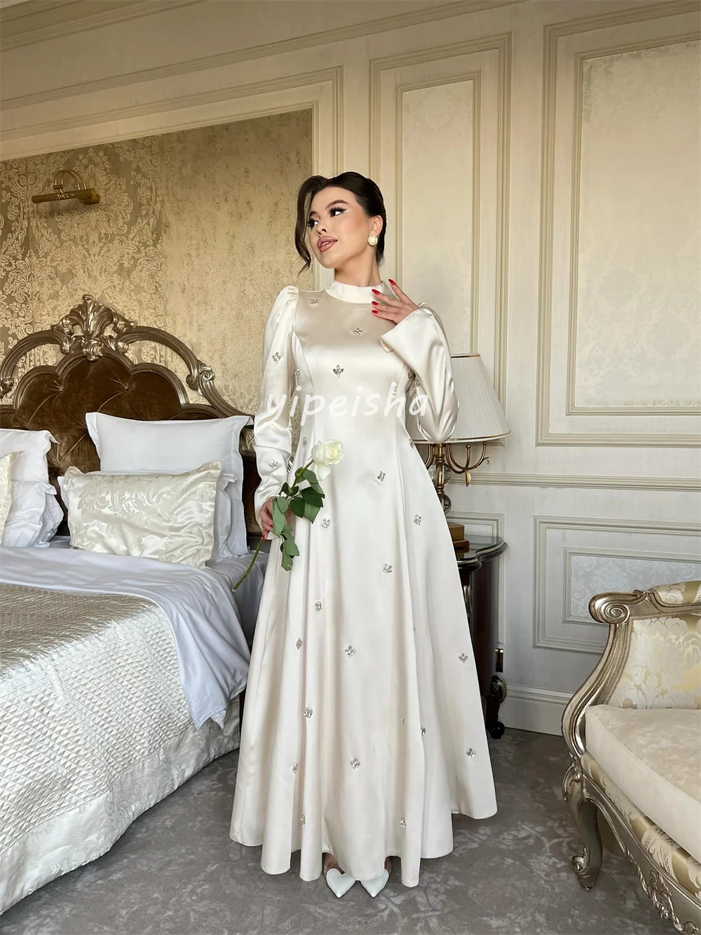 Robes longues trapèze plissées en strass, personnalisées, à la mode, col haut, robes d'occasion sur mesure, exquises, élégantes et formelles