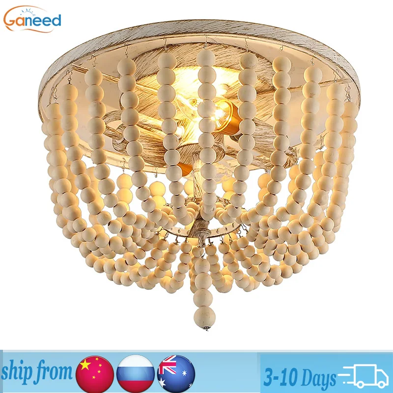 

Ganeed Wood Beaded Ceiling Lights Boho Farmhouse Chandeliers Lighting Fixture 2-Light Semi Flush Mount Ceiling Lamp for Bedroom