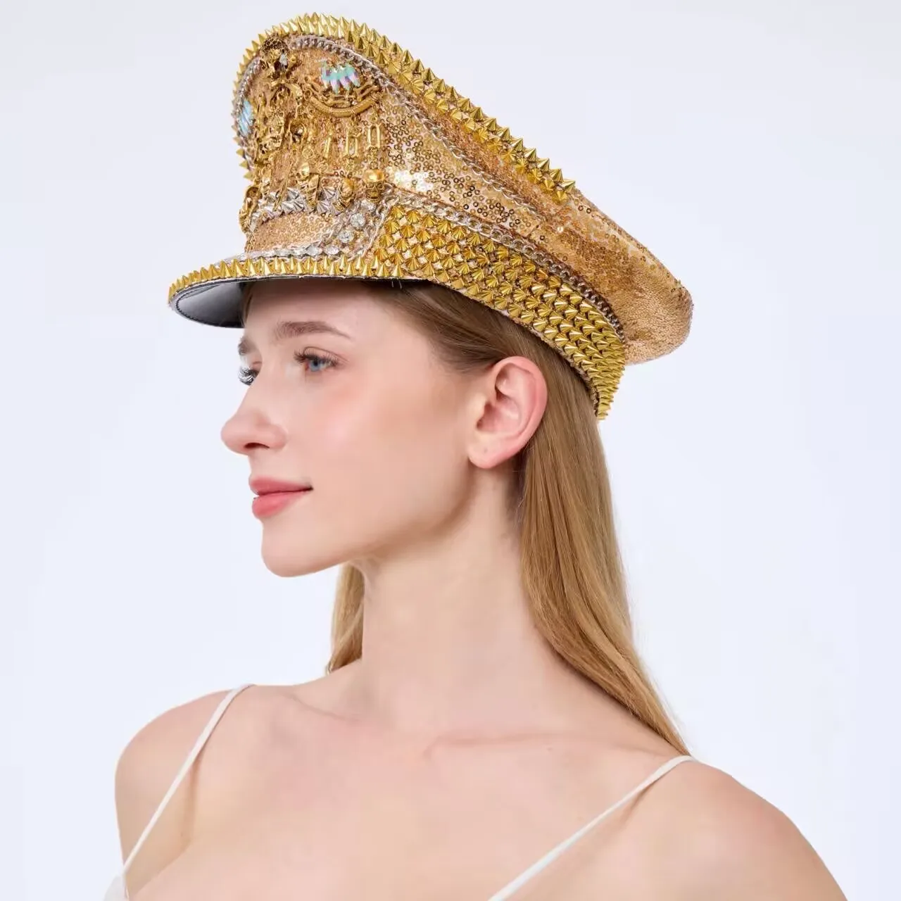 HongLuan Leopard Halloween Costume Hat, Captain Hats Rhinestone for Burning Man Festival Woman, Cosplay Female Accessories