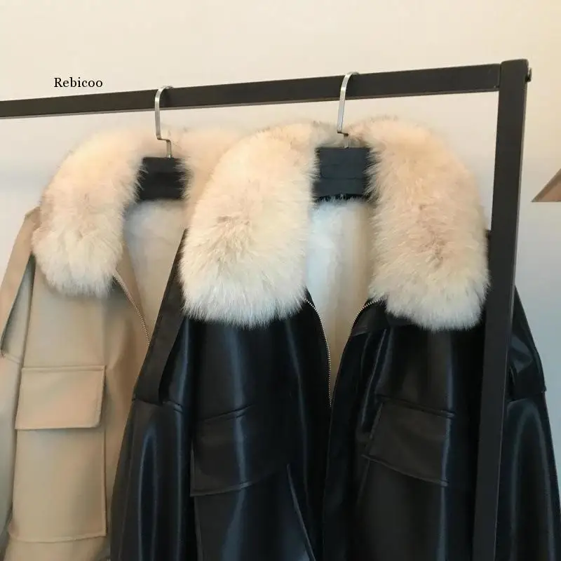 High Quality Sheep Leather Down Coat Winter Big Fox Fur Collar Hooded Jacket 2021 New Female Oversize Thicken Warm X-Long Coat