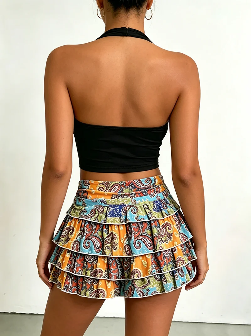 Women's Clothing Set - Solid Color Hanging Neck Backless Vest Top + Elastic Waist Geometric Printed Half Skirt Short Skirt Set