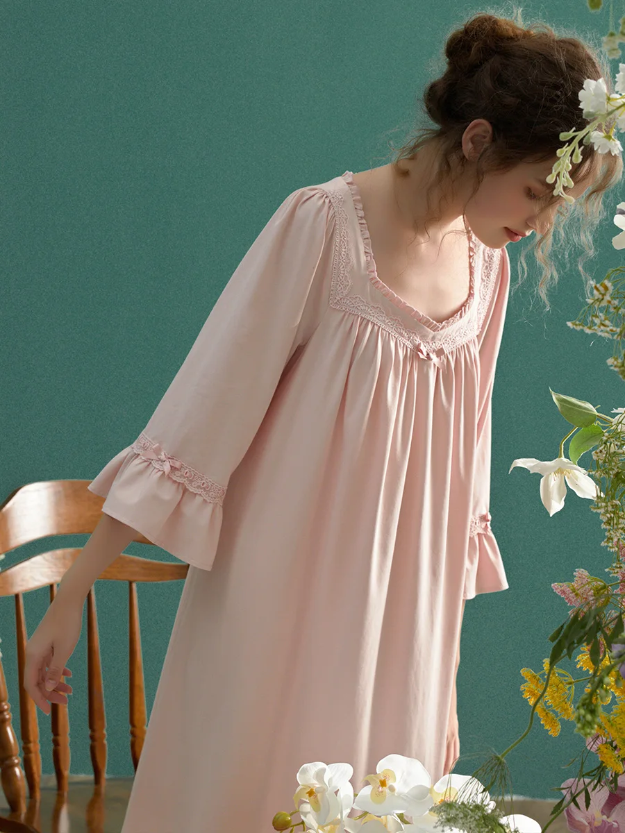 Vintage Soft Cotton Long Nightgowns For Women Spring Summer Three Quarter Elegant Sleeepwear Pregnant Night Dress Plus Size