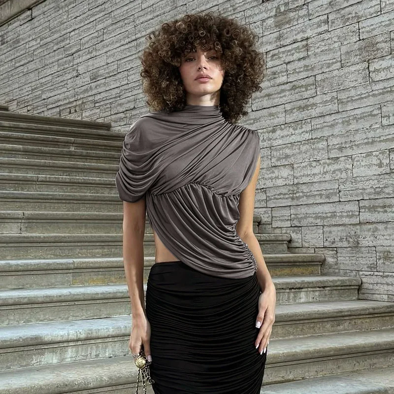 Ticketsx Irregular Ruched Top Women's Sexy Solid O Neck One-Sleeve Slim T-Shirt Female Fashion Casual Streetwear Tank Top Women