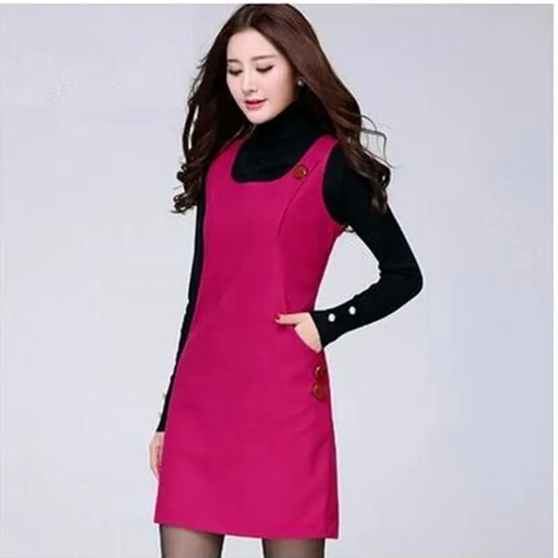 Women dress High quality fashion large, multi-pocket autumn winter dresses primer slim sleeveless wool vest dresses for women 01