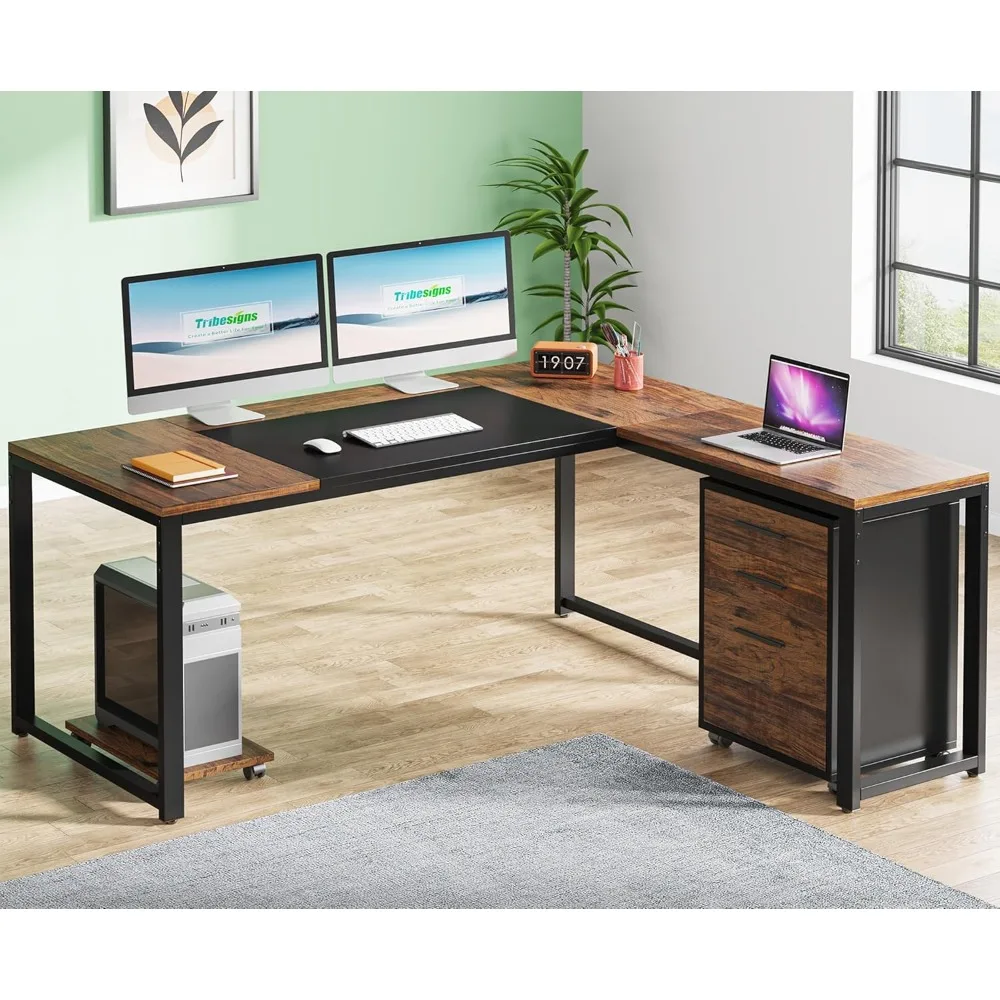 

63" L-Shaped Computer Desk with Mobile File Cabinet, Large Executive Office Desk with 3-Drawer Vertical Filing Cabinet