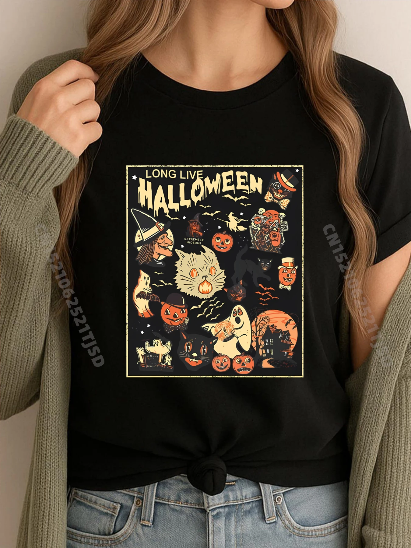 Vintage gato negro Long Live Halloween espeluznante fantasma calabaza Grahpic camiseta masculina ropa de hombre Día del Padre