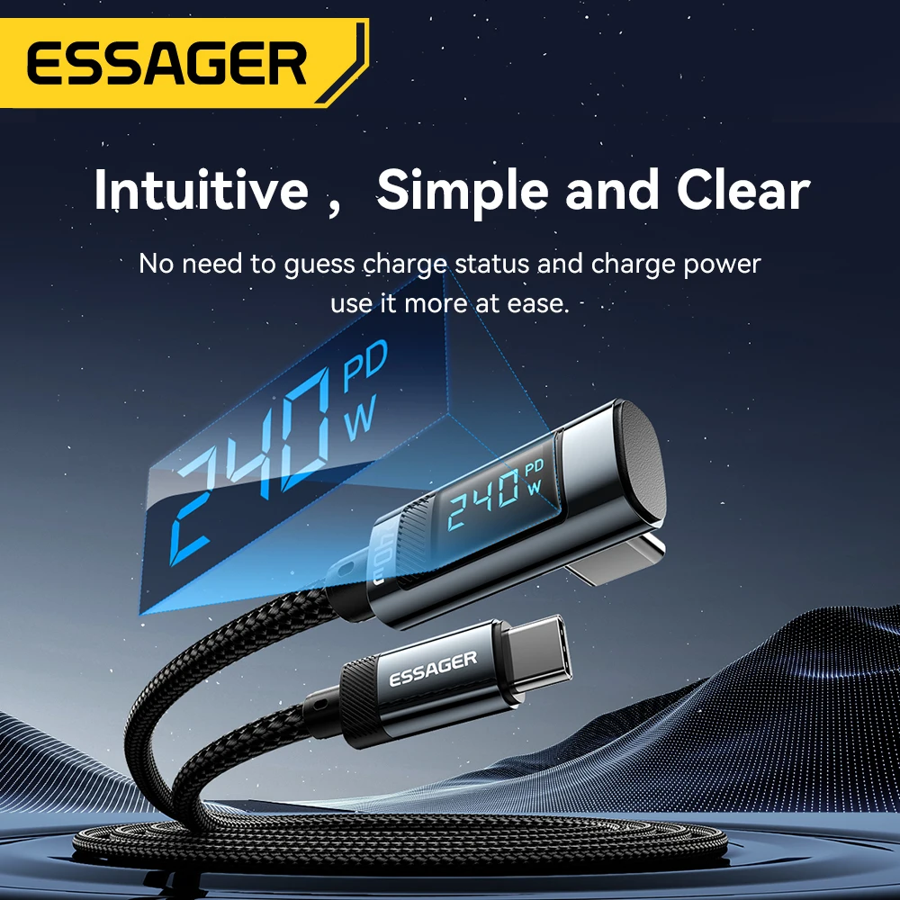 Kabel Essager 240W Type C do Type C z kątem 90 stopni, szybka ładowarka 5A, kabel Type C z wyświetlaczem cyfrowym do iPhone'a, MacBooka Pro, Xiaomi — zdjęcie produktu 2