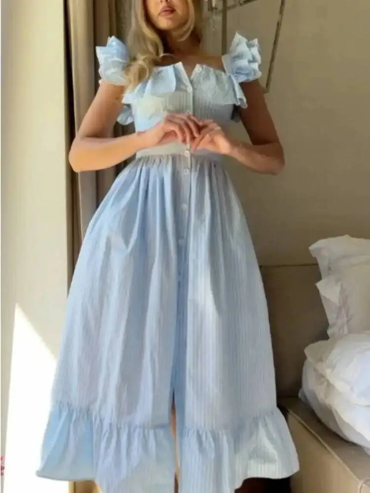 ファッショナブルなストライプフリルプリーツレディースドレスエレガントなソリッドスクエアネックシングルボタンドレス女性夏シックカジュアル9IHE