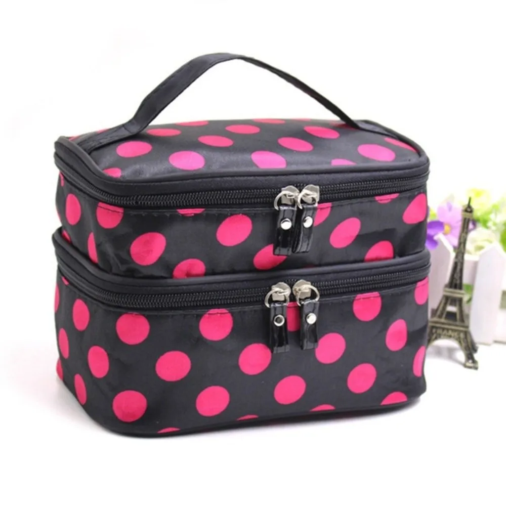 New Double-layer Makeup Bag Polka Dots Portable Toiletry Bag Large Capacity Travel Makeup Case