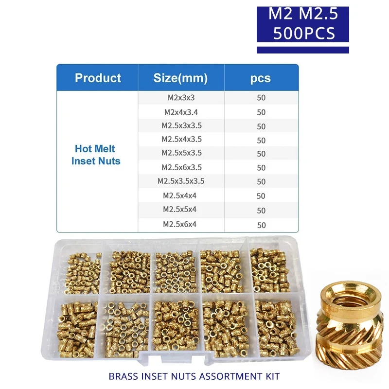 M2 M2.5 M3 M4 M5 M6 Brass Heat Set Insert Nut Hot Melt Inset Thread Copper Knurled Embedment Assortment Kit Set