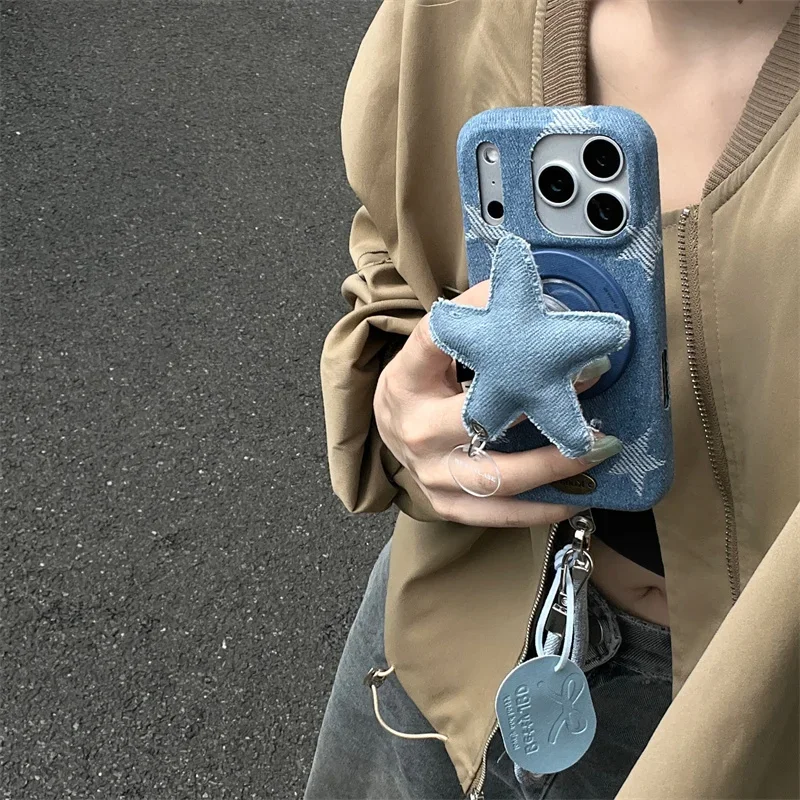 

Осенне-зимний джинсовый чехол со звездой и магнитным кронштейном для телефона для IPhone 17 pro max 13, 14, 15, 16 pro, защитный чехол от падения