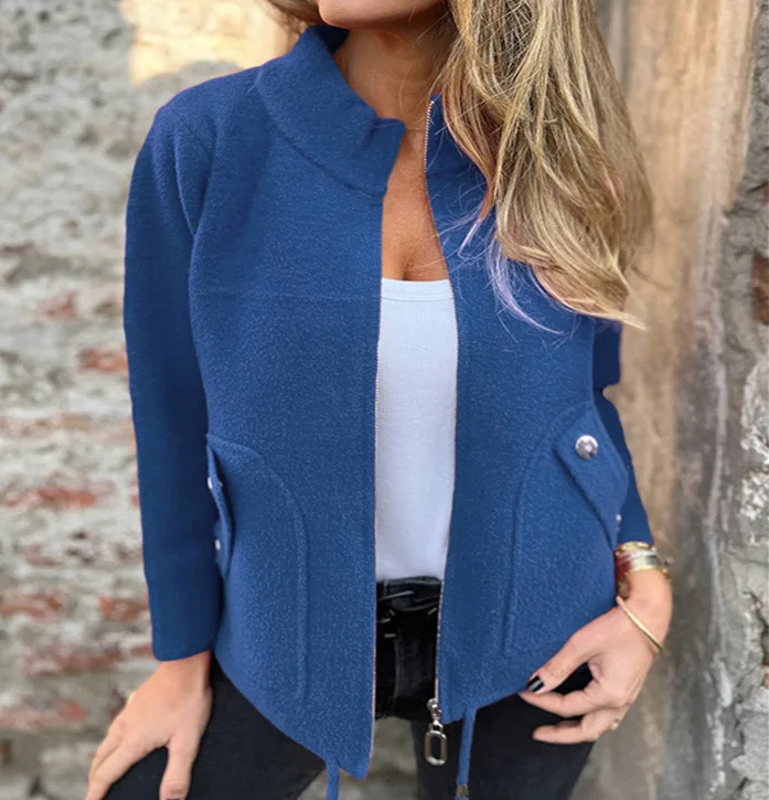 

2025 Women's Coat Zipper Cardigan Fashion Stand-up Collar Fake Pocket High Street Casual Imitation Wool Jacket