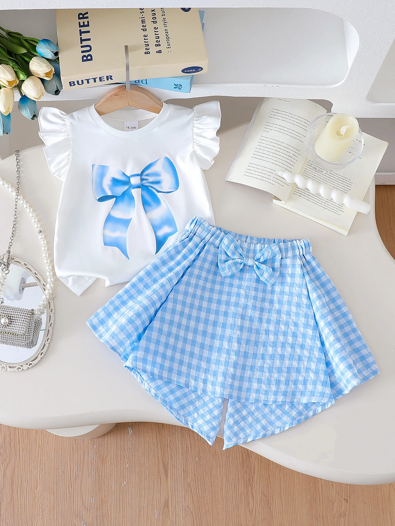 2025 Children’s Girls’ Bow Print Summer Sweet and Stylish Casual Two-Piece Korean Version Set