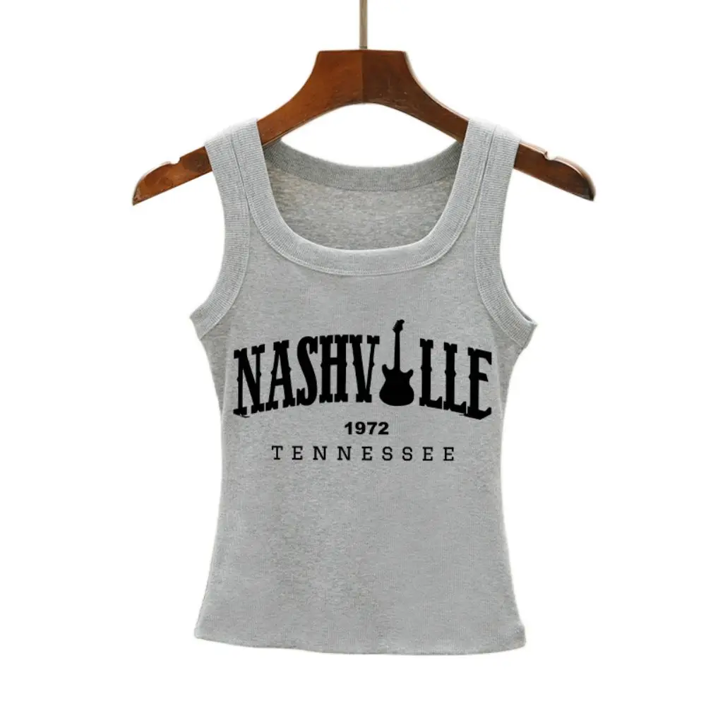 Nashville Tennessee Letter Prints Tank Top Summer Women Sleeveless Tight Ribbed Female Cotton Knit Vest Casual Street Clothing