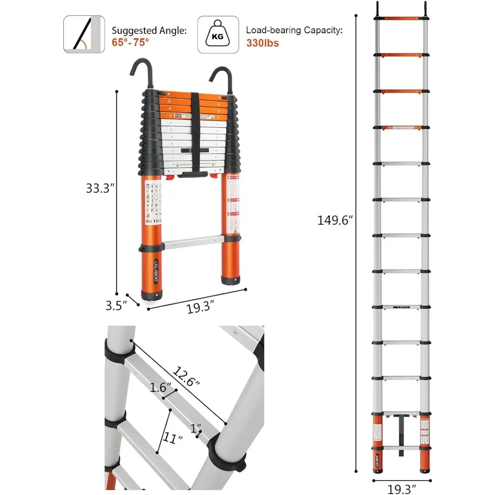 Escalera telescópica de aluminio Escalera de extensión telescópica Capacidad de 330 libras Retetracción con un solo botón (12,5 pies)