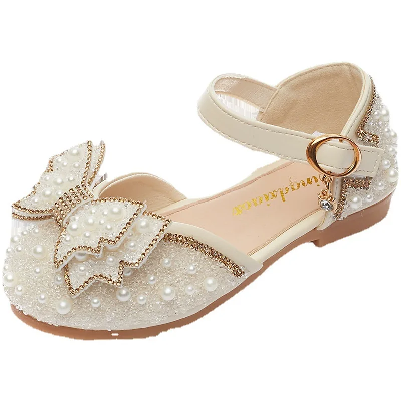 New Girl Sandals Cute Bow Pearl Sequins Kid Princess Shoes Flat Heels Children Dancing Size 23-35