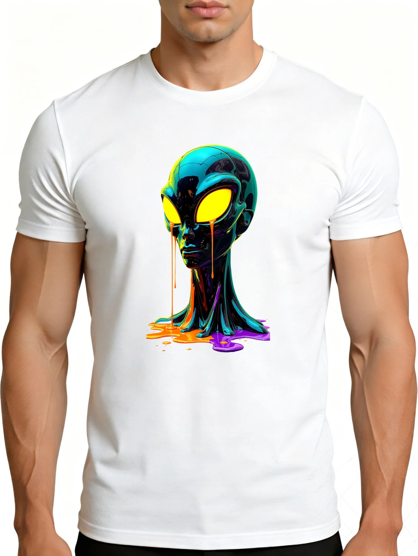 Men's Graphic T-Shirt - Breathable, Soft, Lightweight - Flowing Color Alien Head Design - Retro Fun Graphic Casual Short Sleeve Summer Top, Gift for Him