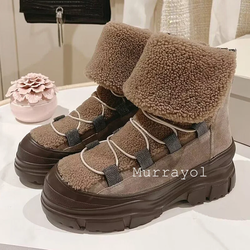 Round Toe Cow Suede Thick Bottom Snow Boots Women String Bead Decor Lace Up Flip Fur Ankle Botas Winter Wool Lining Short Boots