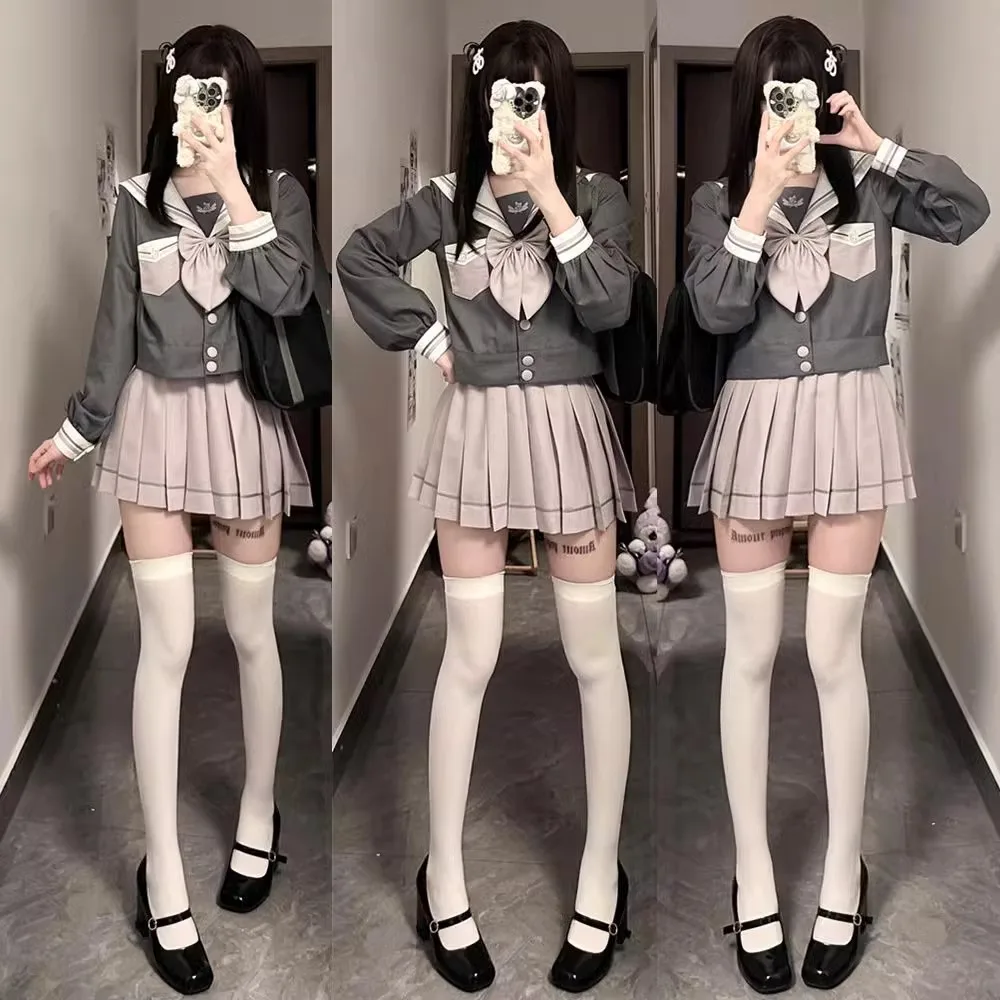 일본 회색 선원 복장 긴 소매 JK 스커트 여성 고등학교 제복 학생 Seifuku 소녀 선원 복장 한국 제복