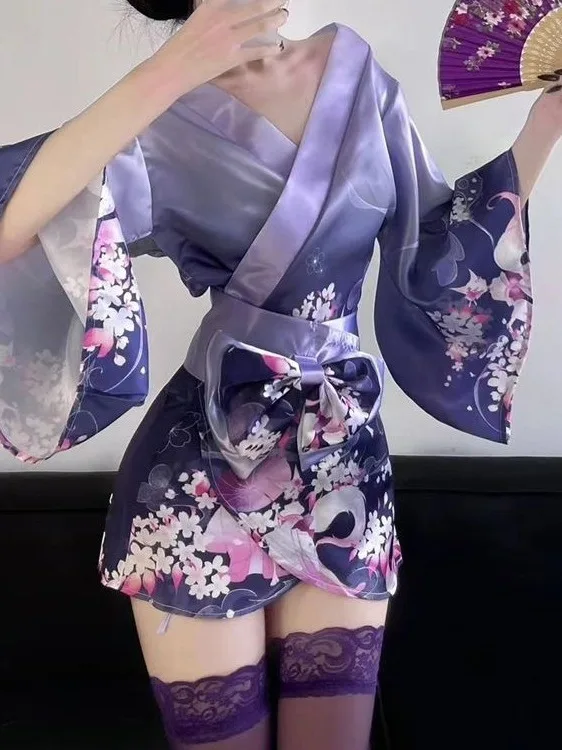 Purple Kimono Sexy V Neck Mini Dress Flower Dream Anime Cardigan Clothing Printing Dress Elegant Fashion Women Tops PQ1P