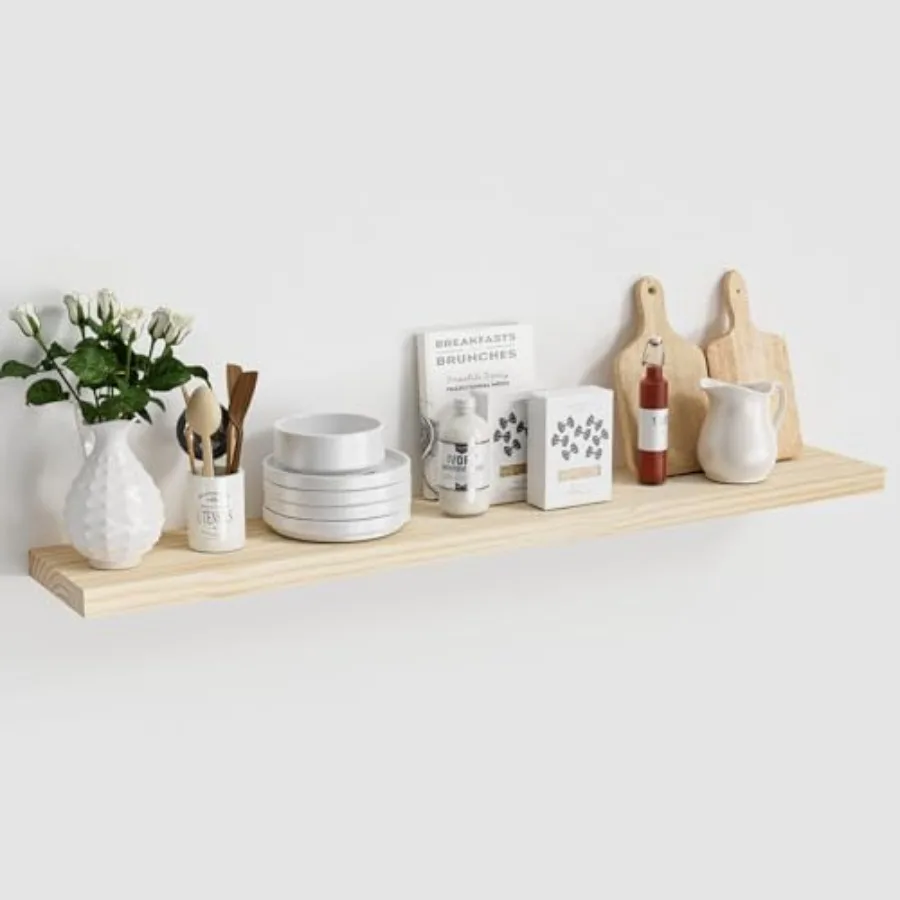 

Natural wood floating shelves 48 inch 8 inch deep unfinished natural color invisible brackets for living room bathroom kitchen