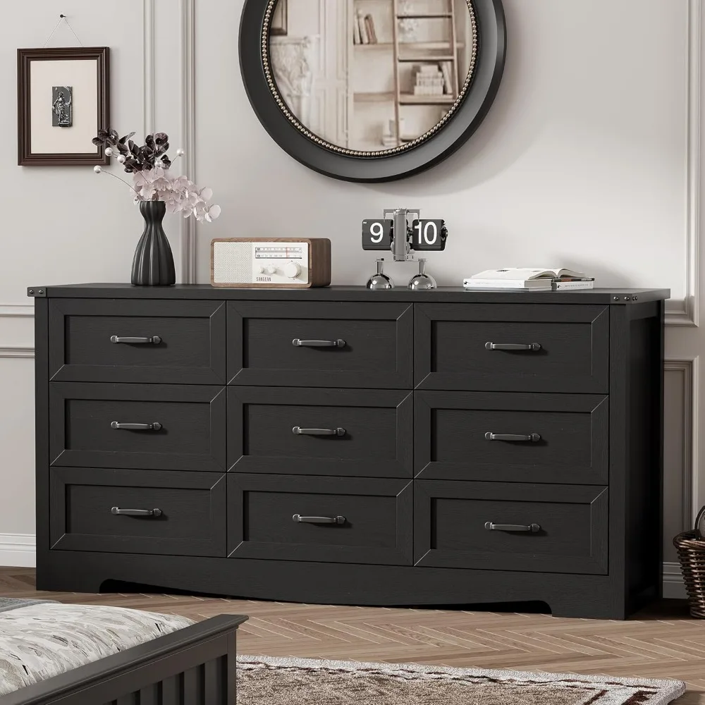 

Modern 9 Drawer Dresser 59 Inches Wide Deep Storage Wood Chest for Bedroom Living Room Hallway Black