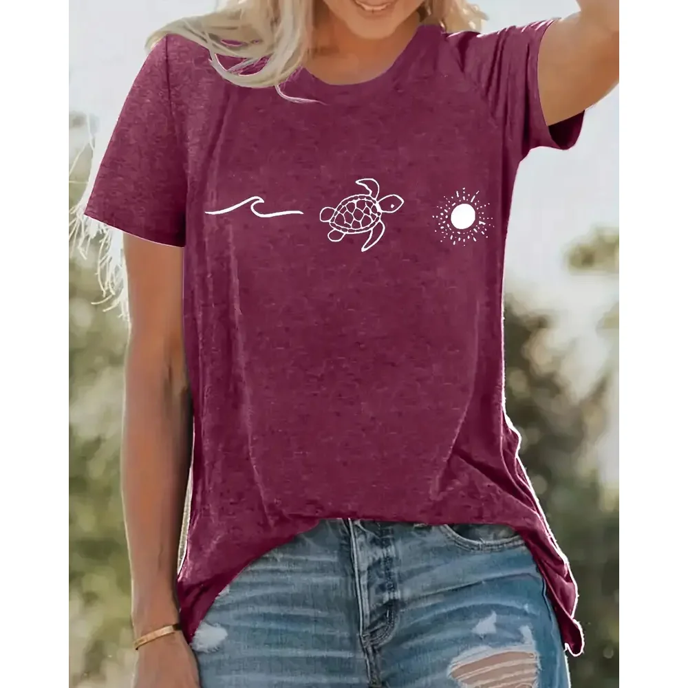 Damen Bedrucktes T-Shirt Trend Kurzarm Lose Rundhals Kleidung Schildkröte Sonnenmuster Top Damen Modische Kleidung Sommer